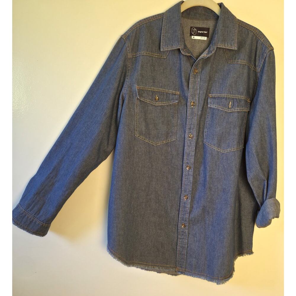 Original Use Mens M Long Sleeve Button Shirt Frayed Hem Western Styled Denim